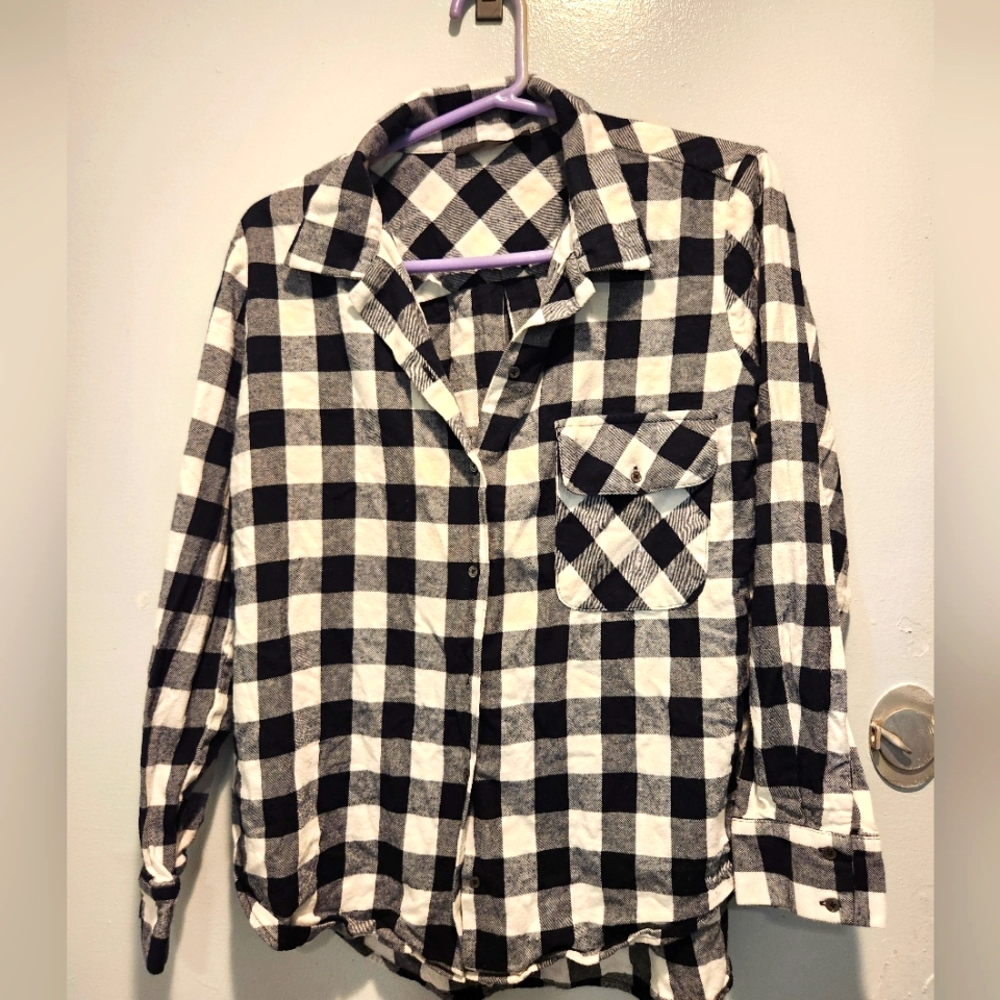 Black and White Checkered Flannel Shirt Black Plaid Womens Medium